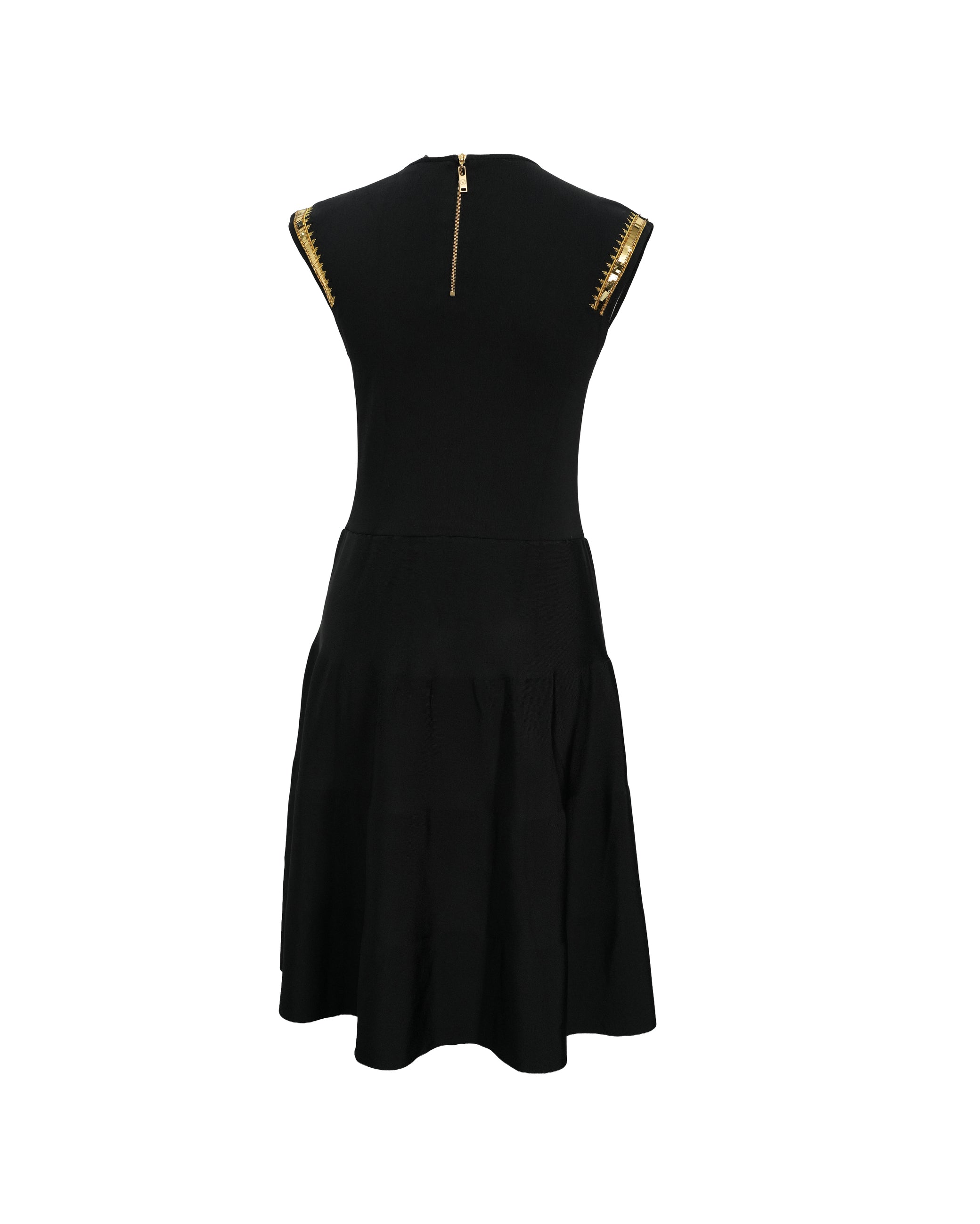 FIT-AND-FLARE BLACK DRESS WITH GOLD DETAILING SIZE M