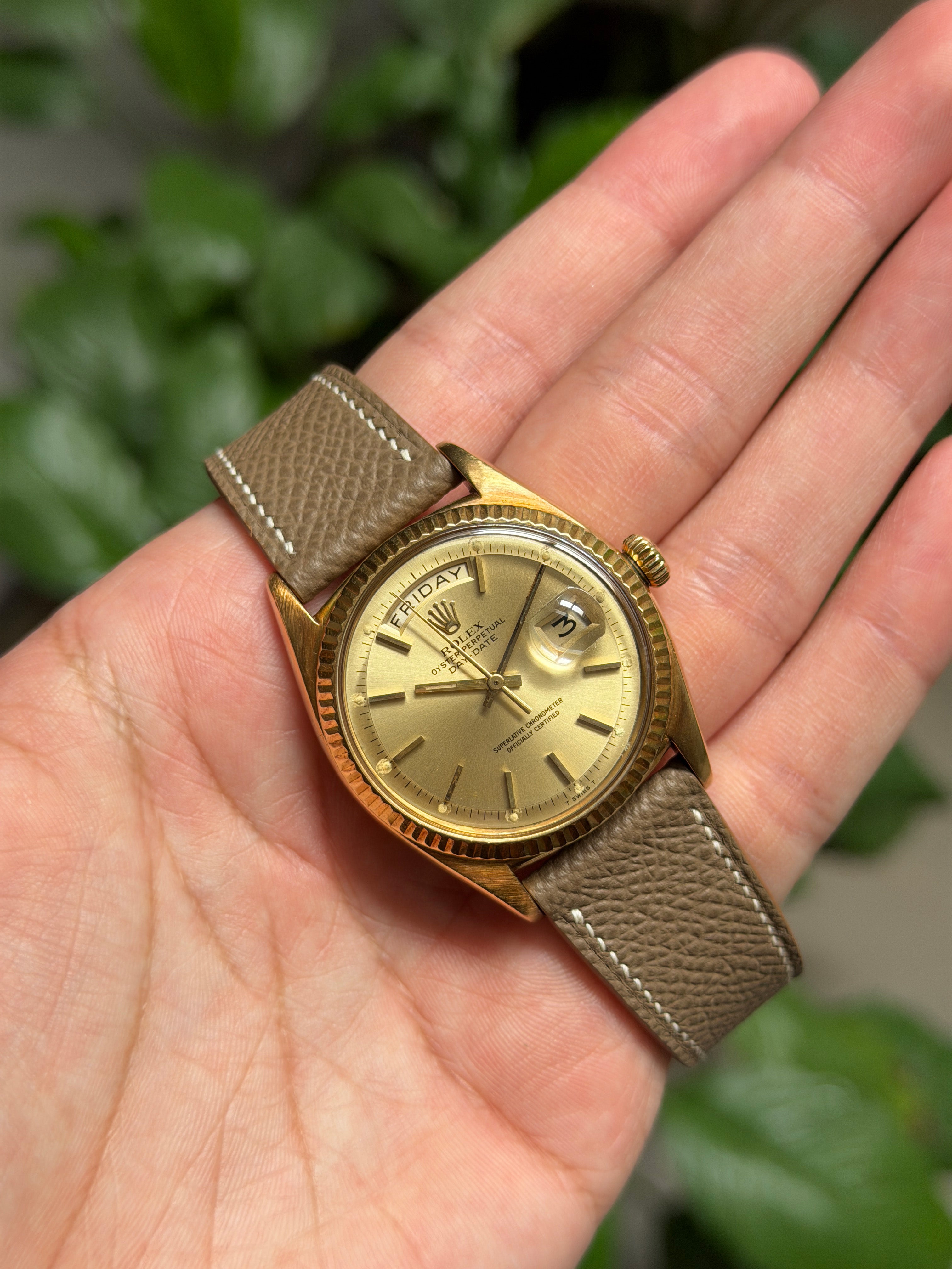 DAYDATE 36MM 1803 YELLOWGOLD CHAMPAGNE DIAL AFTERMARKET LEATHER STRAP (WATCH ONLY)