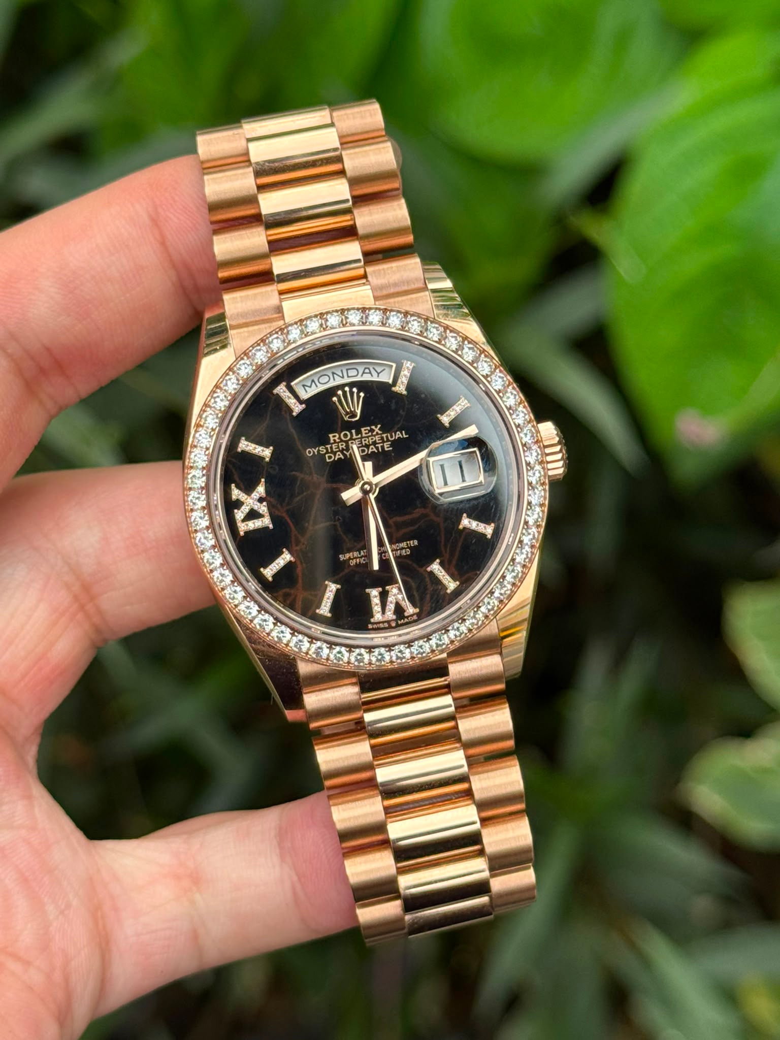 DAYDATE 36MM ROSEGOLD EISENKIESEL ROMAN DIAMOND DIAL DIAMOND BEZEL (2023)