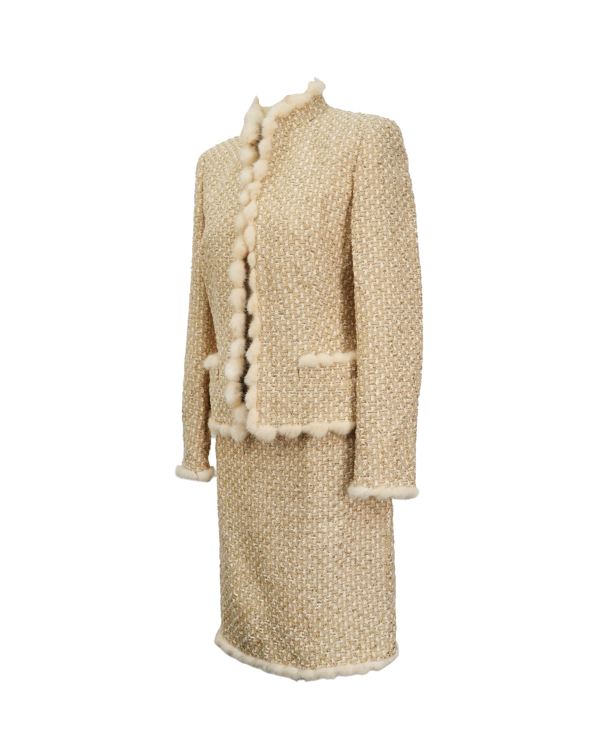 VINTAGE GOLD SUIT WITH FUR TRIM MINK SIZE 38