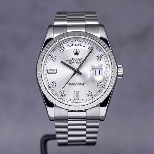 DAYDATE 36MM WHITEGOLD DIAMOND INDEX SILVER DIAL (WATCH ONLY)