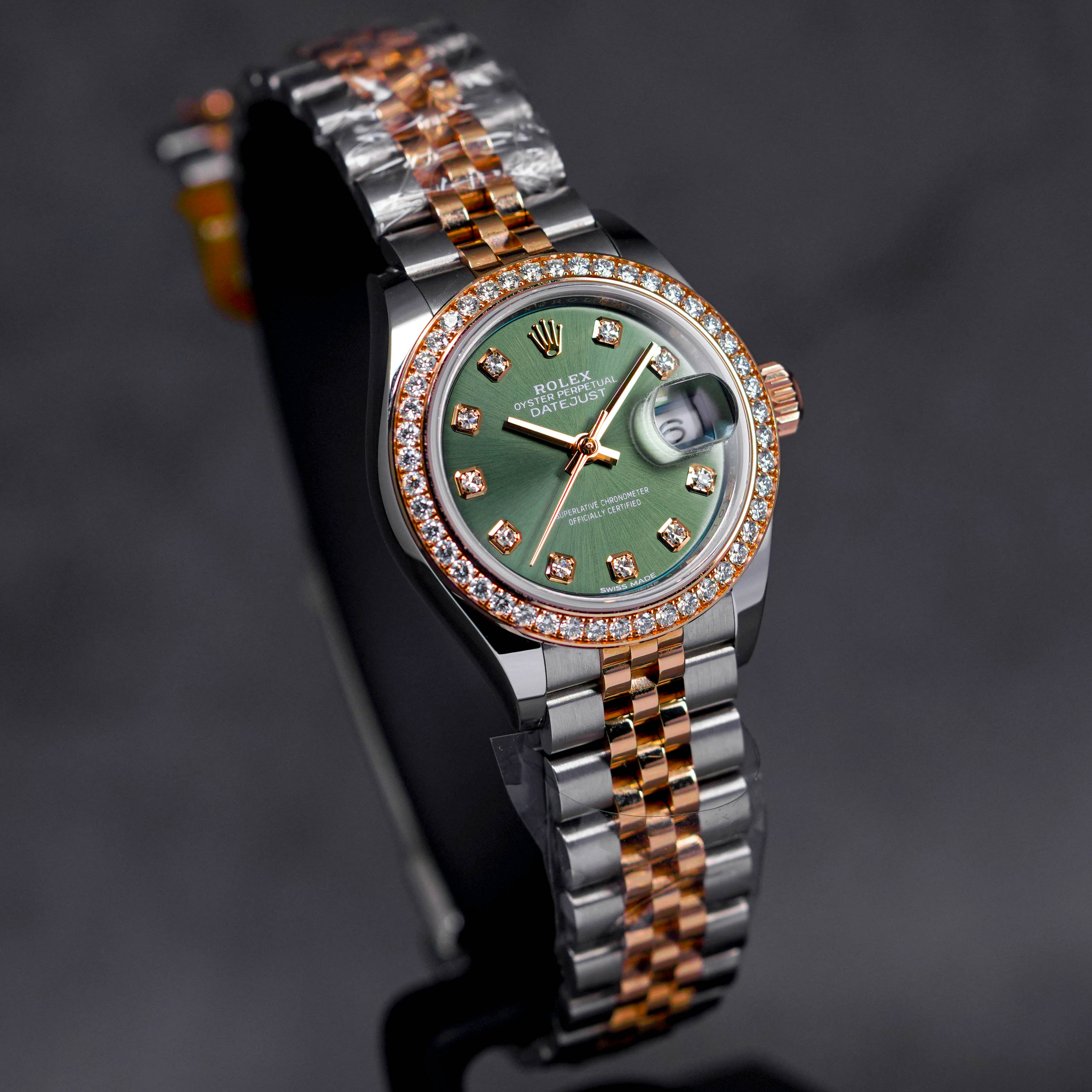 DATEJUST 28MM TWOTONE ROSEGOLD GREEN DIAMOND DIAL DIAMOND RING (2019)