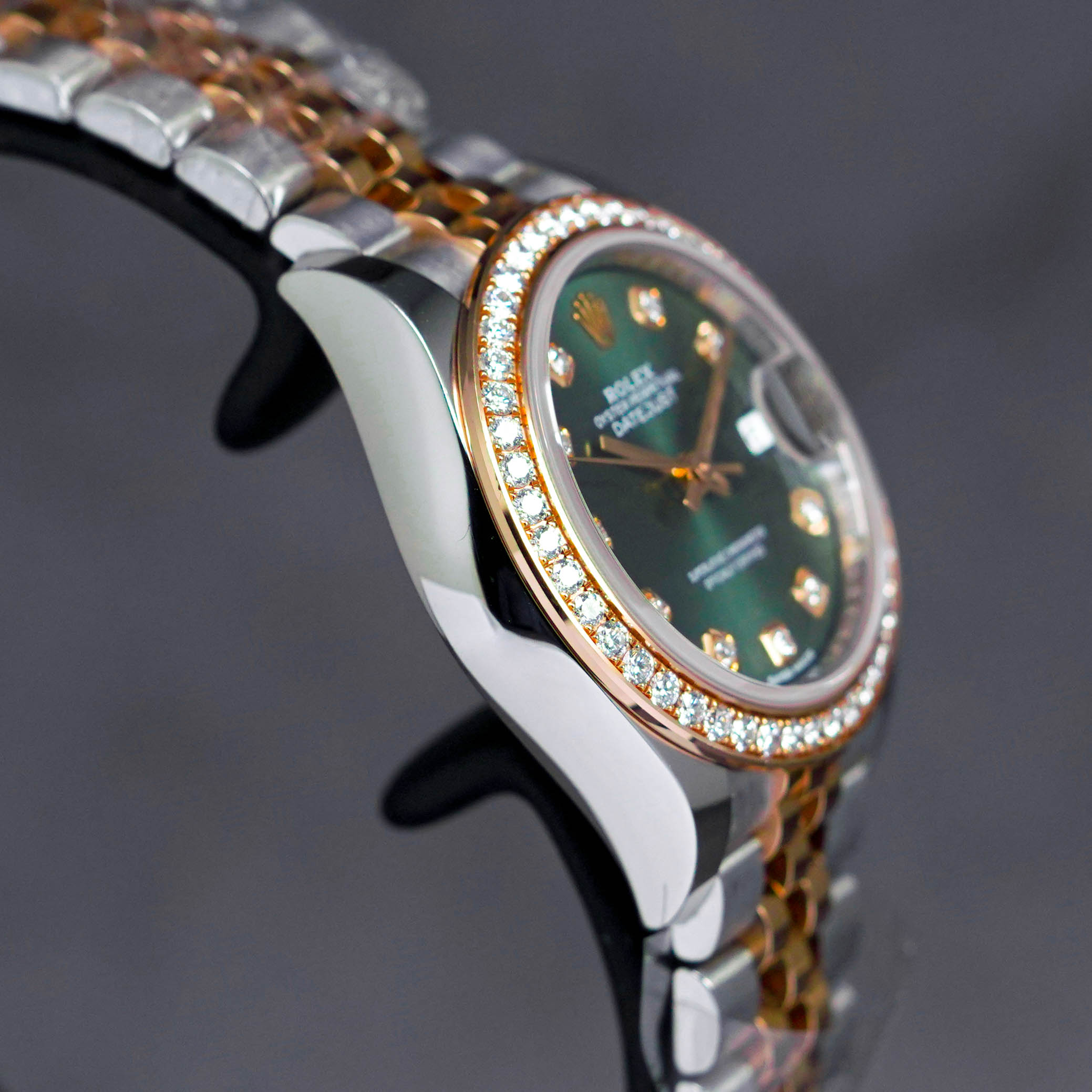 DATEJUST 28MM TWOTONE ROSEGOLD GREEN DIAMOND DIAL DIAMOND RING (2019)