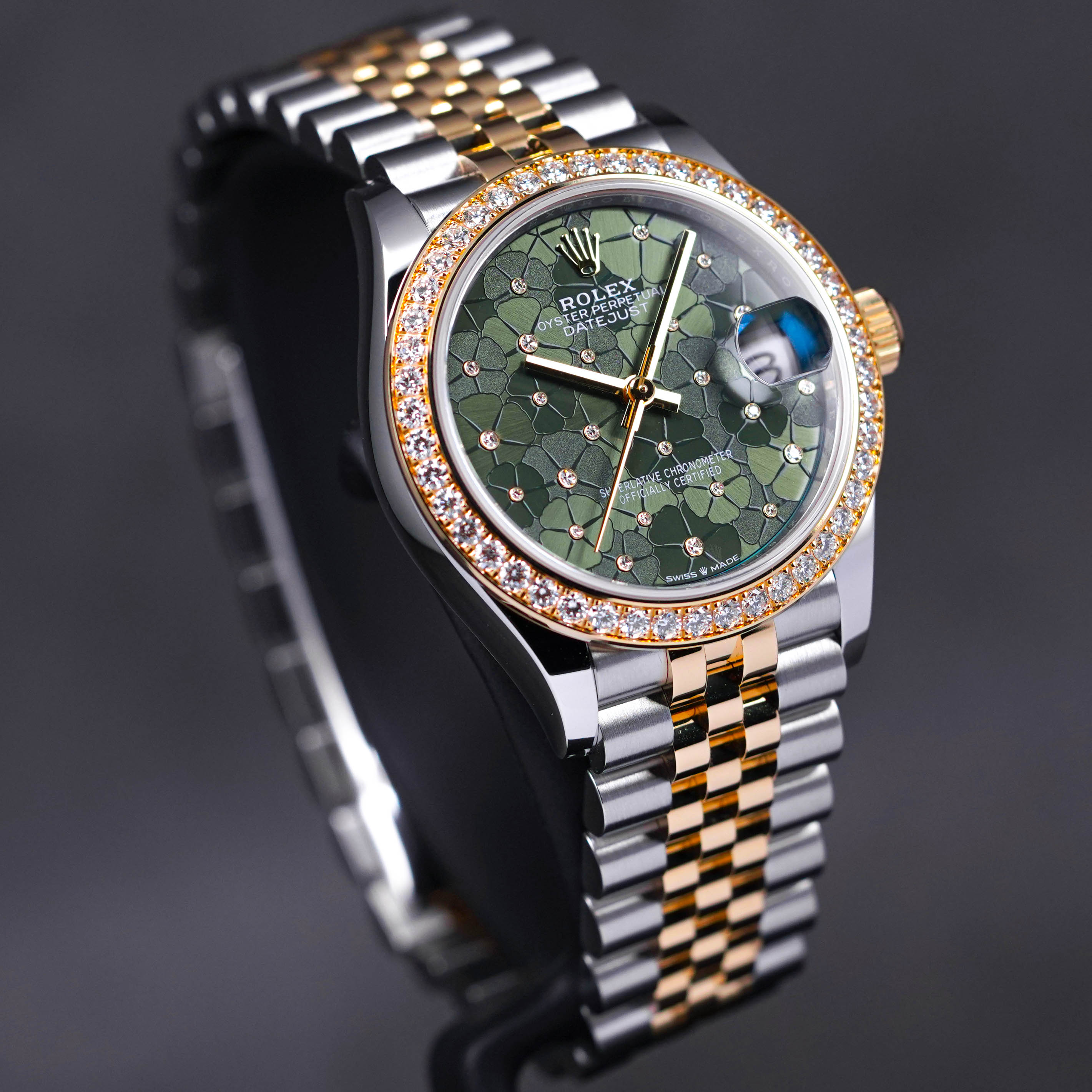 DATEJUST 31MM TWOTONE YELLOWGOLD GREEN FLORAL DIAL WITH DIAMOND RING (2022)