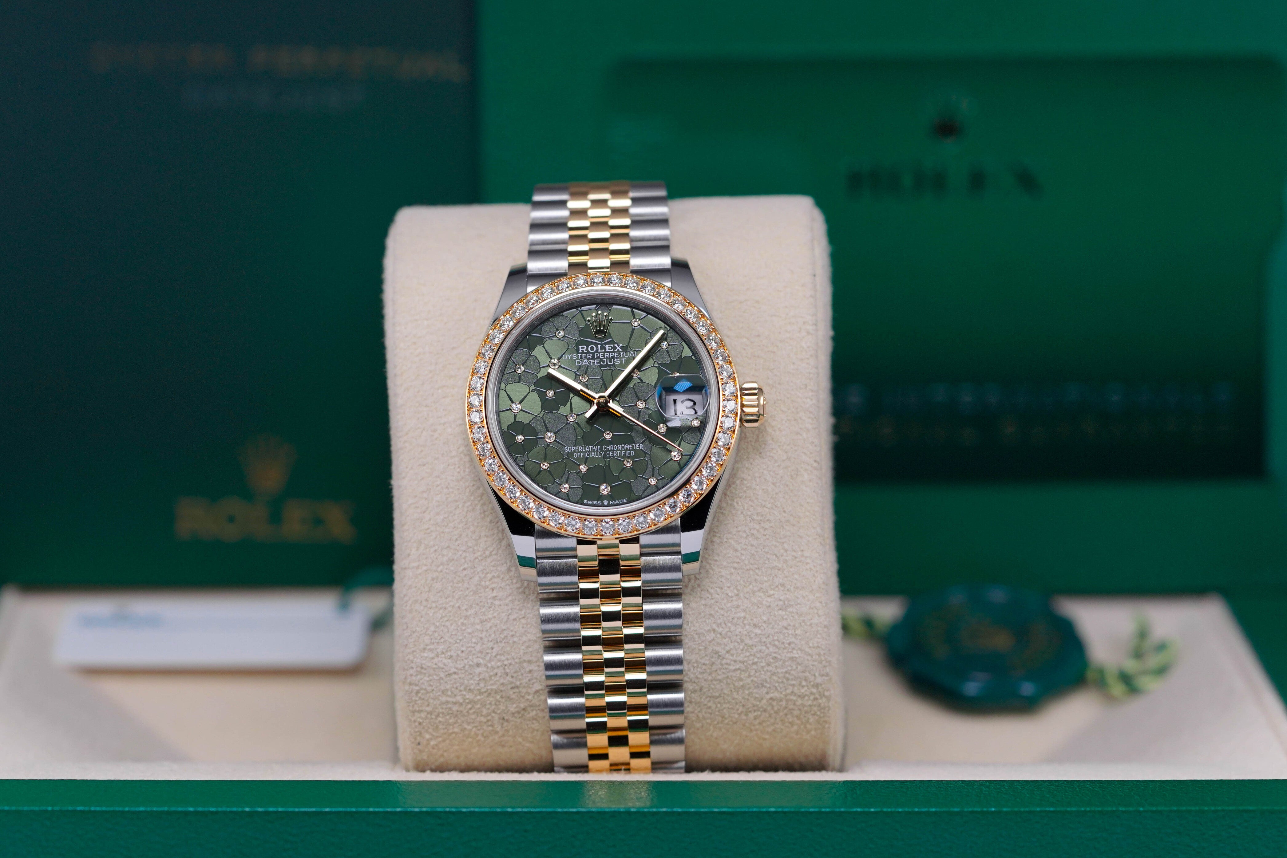 DATEJUST 31MM TWOTONE YELLOWGOLD GREEN FLORAL DIAL WITH DIAMOND RING (2022)