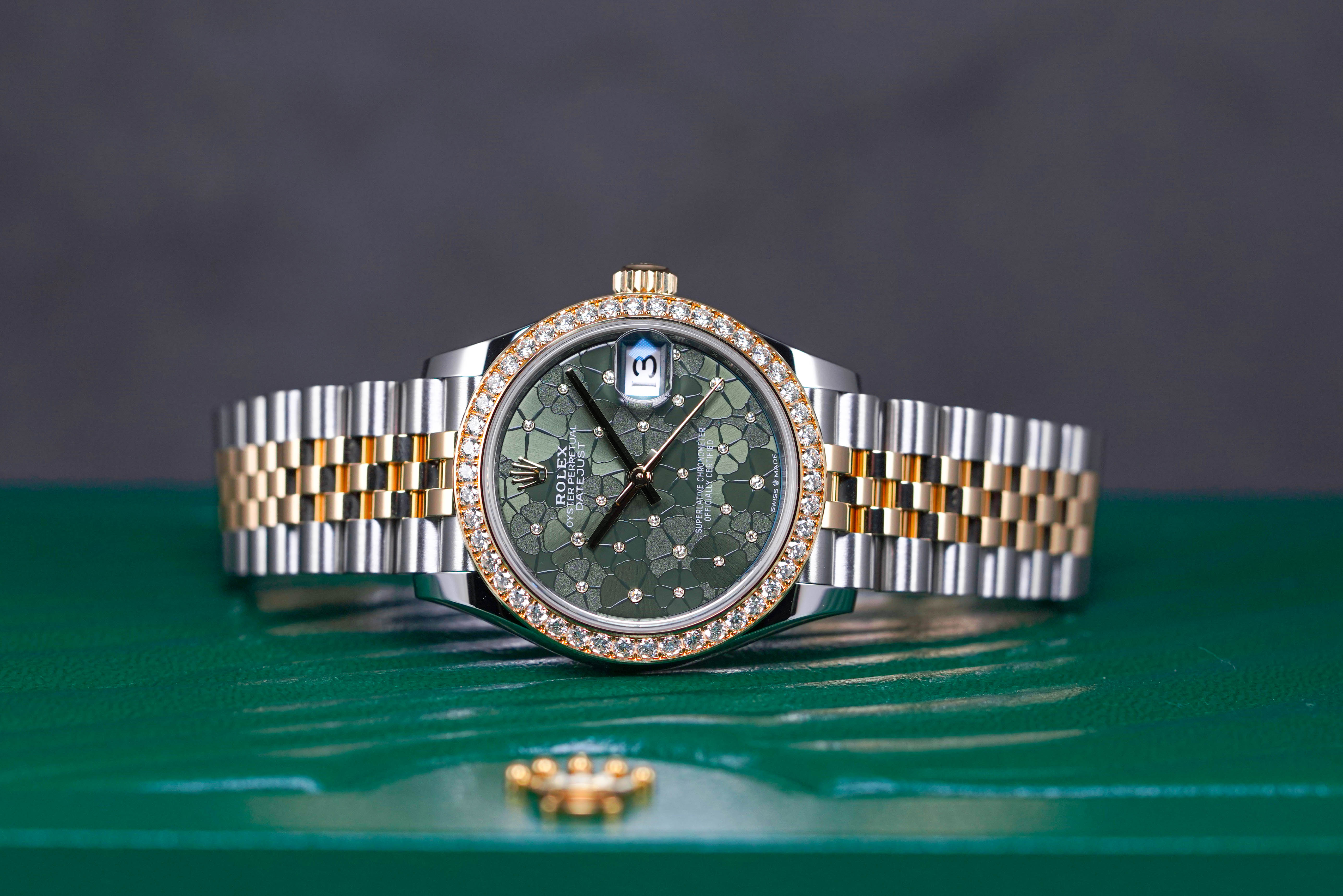 DATEJUST 31MM TWOTONE YELLOWGOLD GREEN FLORAL DIAL WITH DIAMOND RING (2022)