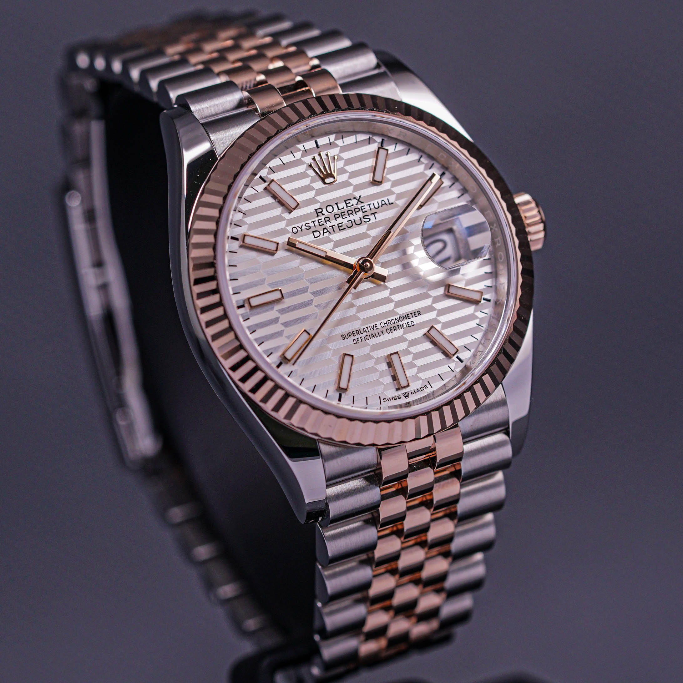 ROLEX DATEJUST 36MM TWOTONE ROSEGOLD SILVER FLUTED DIAL FLUTED JUBILEE