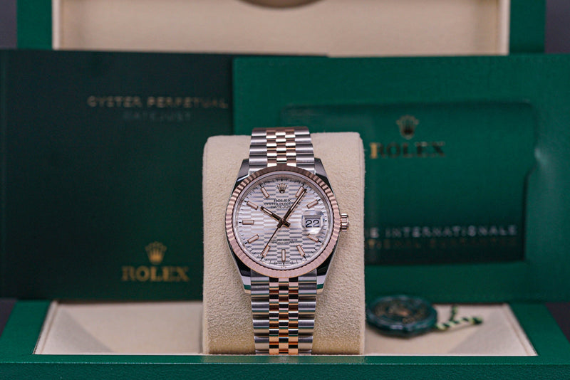 ROLEX DATEJUST 36MM TWOTONE ROSEGOLD SILVER FLUTED DIAL FLUTED JUBILEE