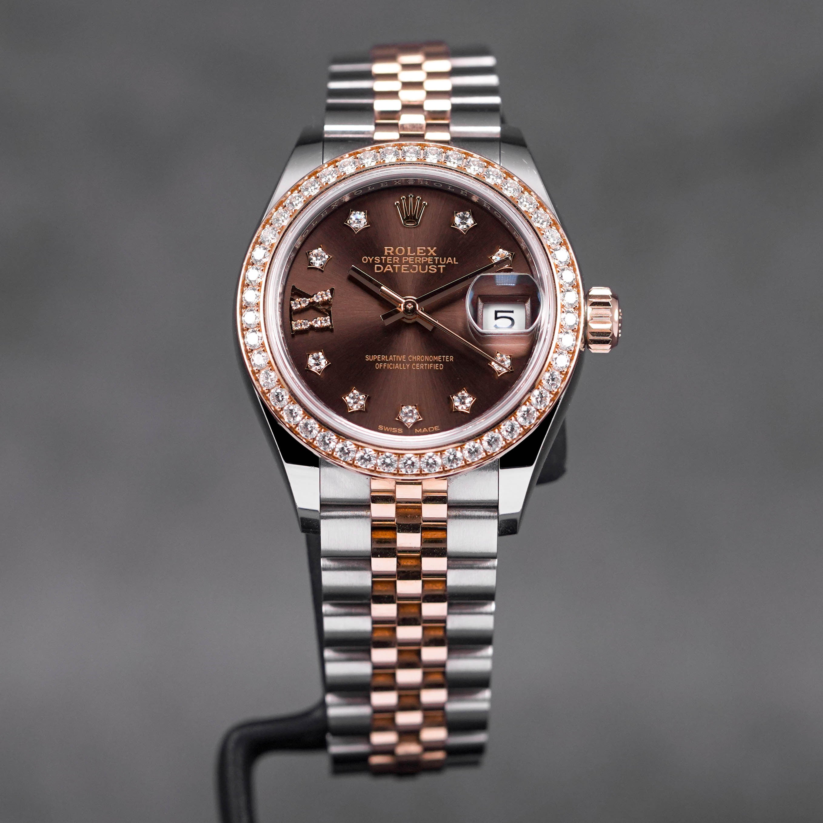 ROLEX DATEJUST 28MM TWOTONE ROSEGOLD CHOCO DIAMOND RING DIAMOND DIAL ...