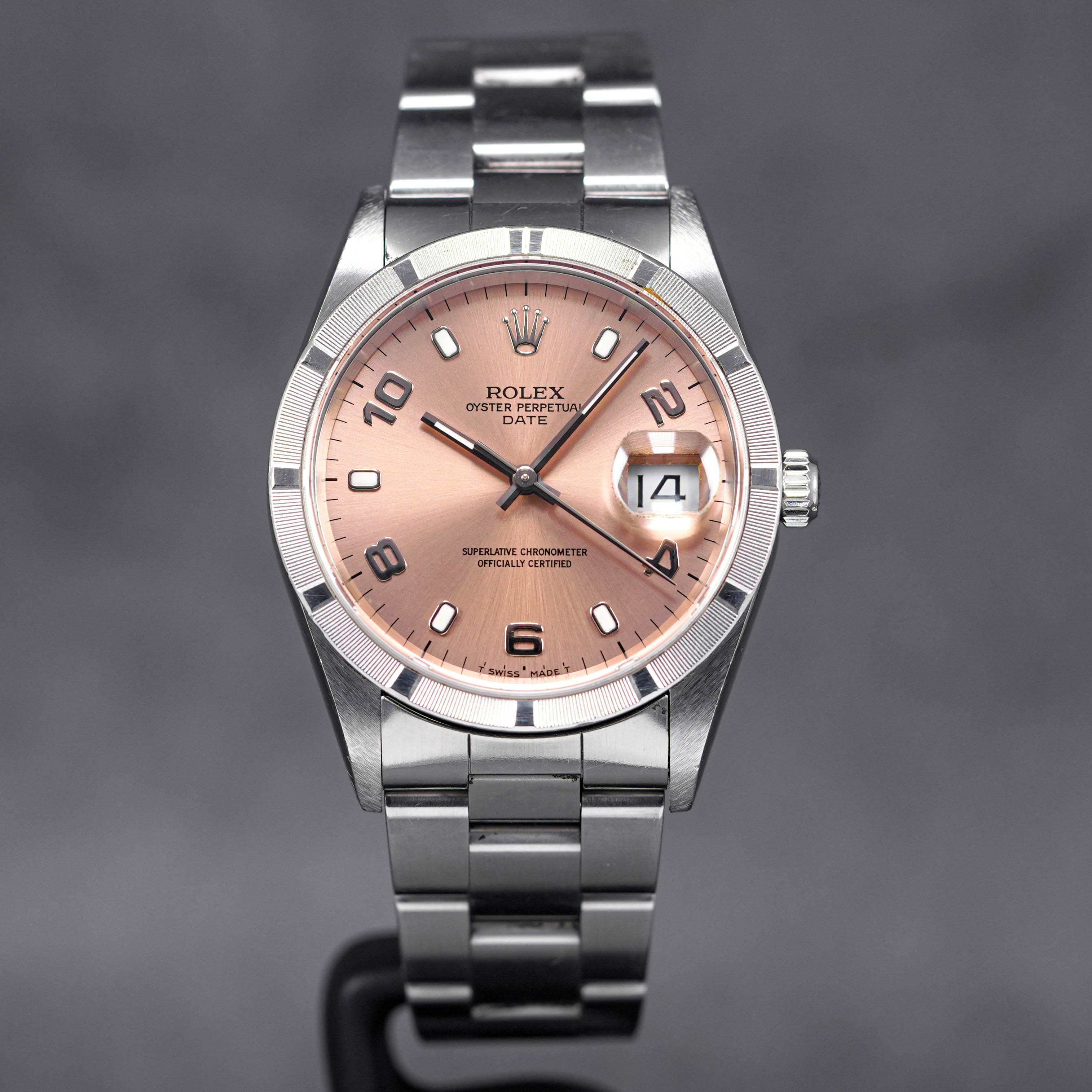 ROLEX OYSTER PERPETUAL DATE 34MM 15210 ENGINE-TURNED BEZEL SALMON